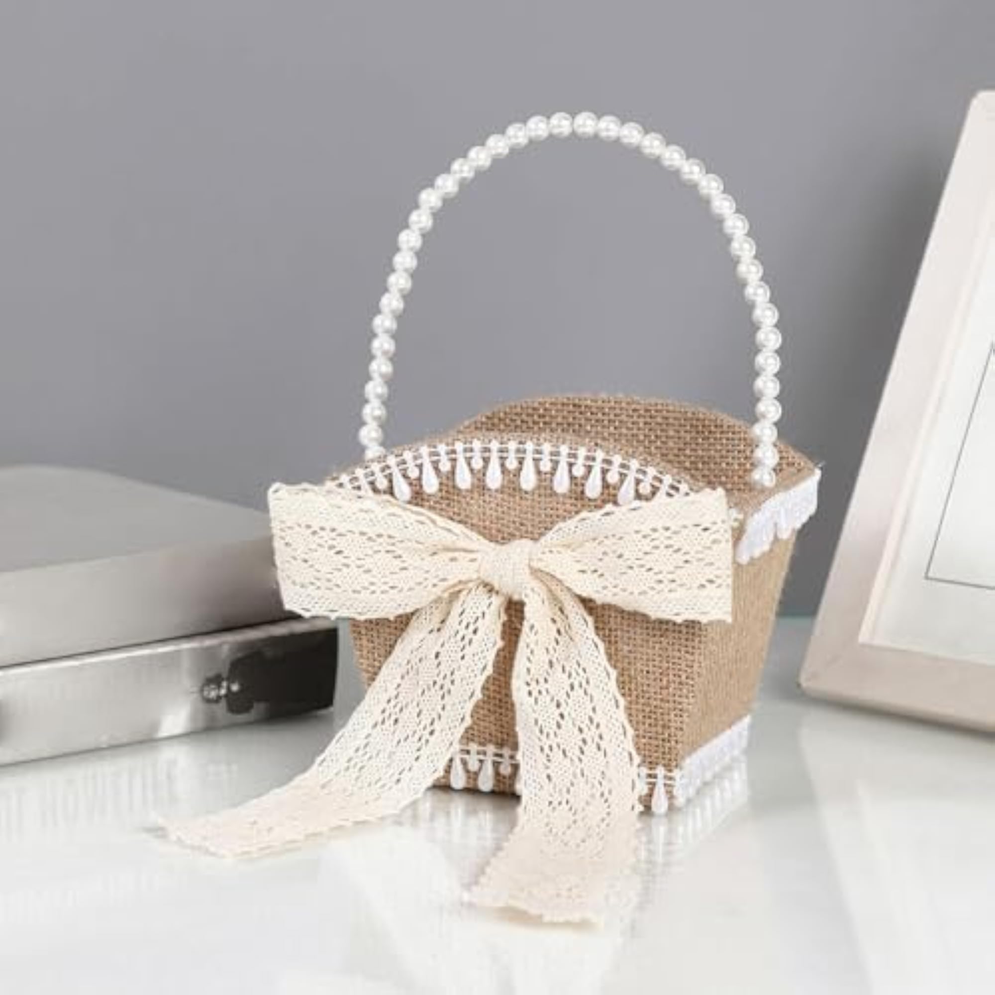 PP Wedding Flower Girl Basket Rustic Bowknot for Table Party